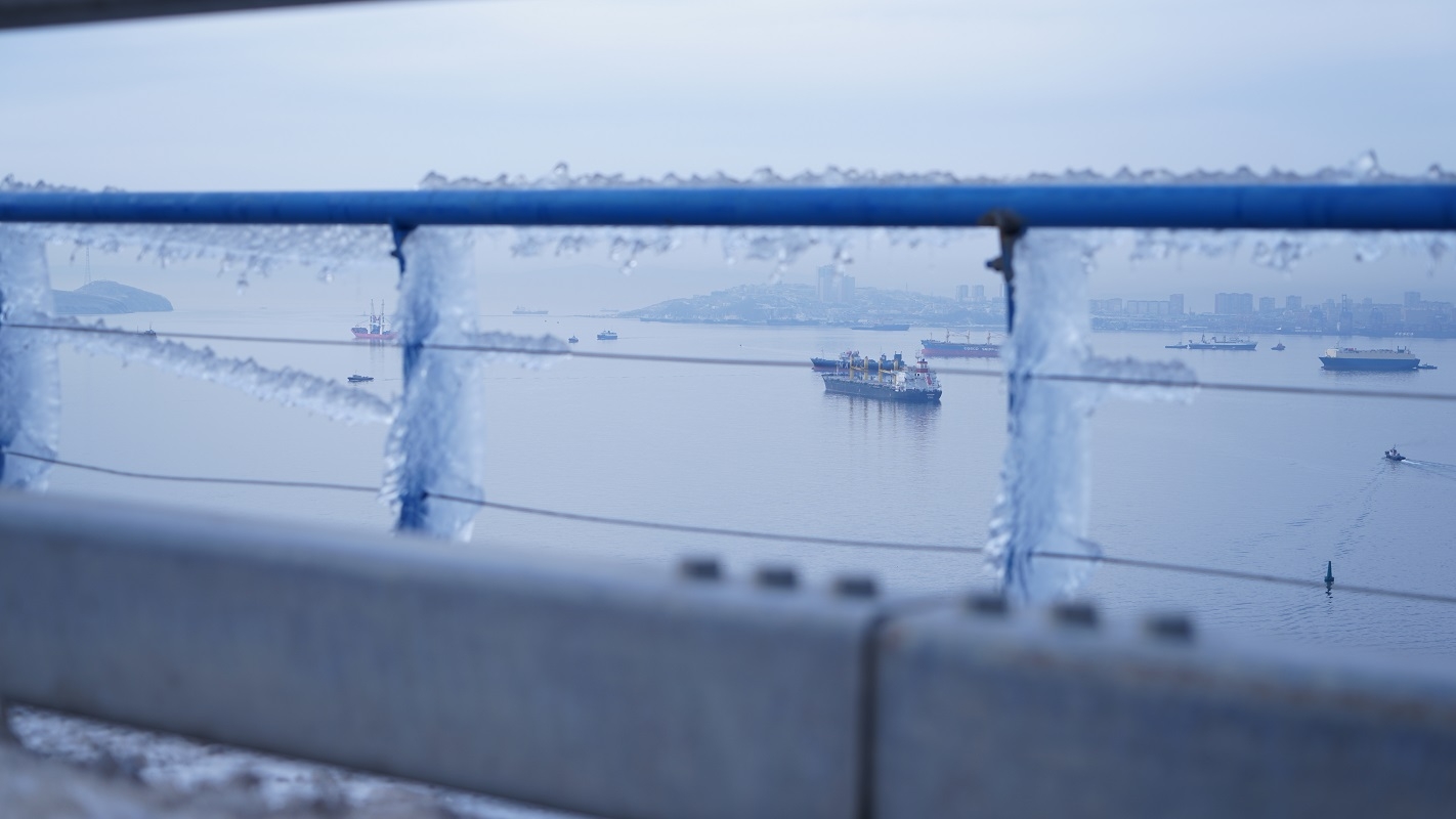 Промышленные альпинисты очищают от обледенения ванты моста на остров Русский