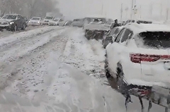 Около тысячи автомобилей стоят в заторе на участке федеральной трассы М-4 в Ростовской области, перекрытой из-за снегопада