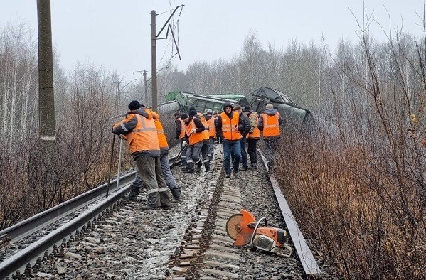 Два десятка вагонов грузового поезда сошли с рельсов в Рязанской области