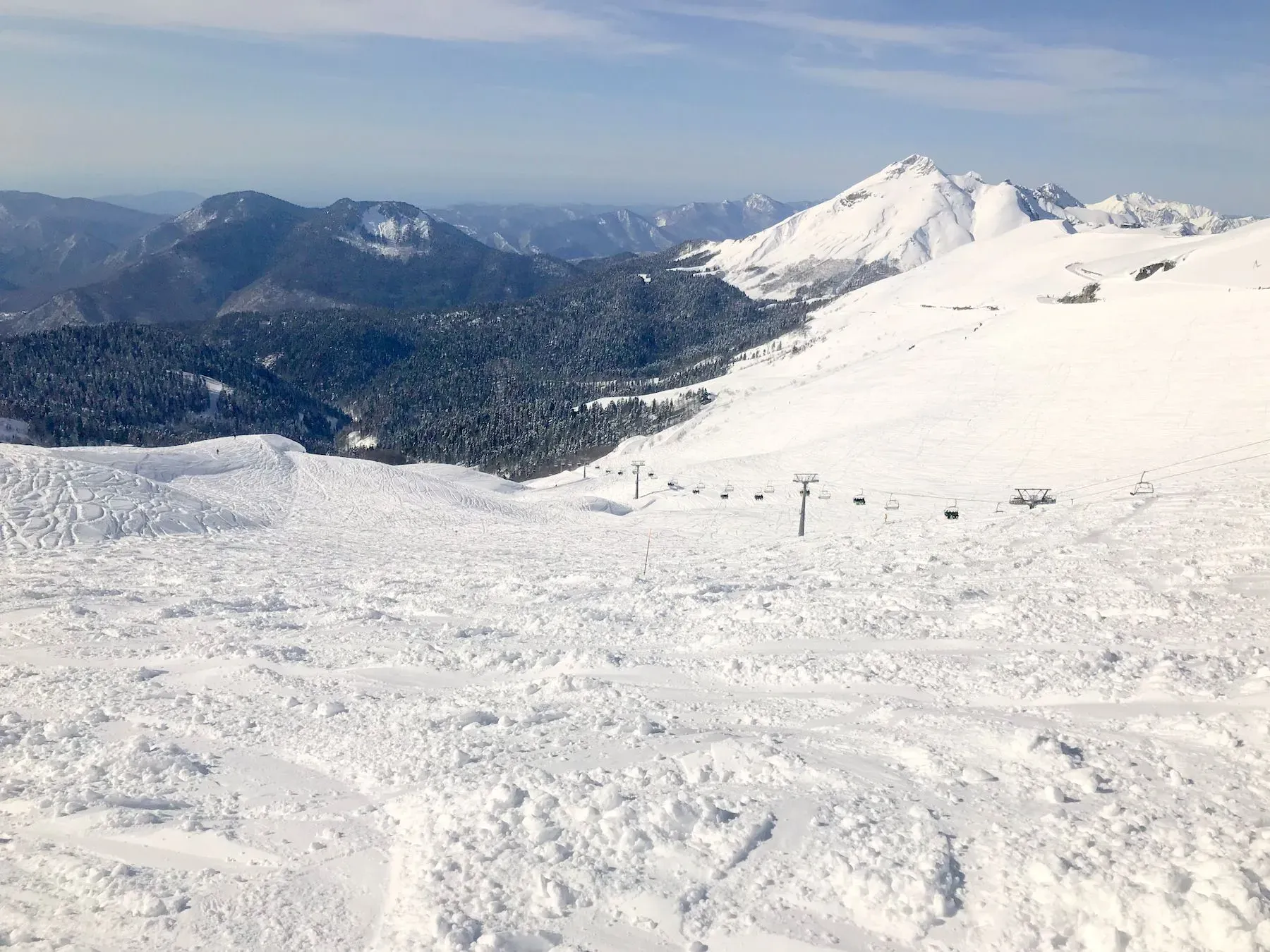 Слабую лавинную опасность прогнозируют в Сочи. Фото. Горнолыжные трассы курорта Роза Хутор. © 