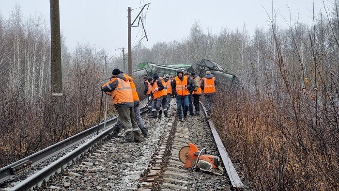 Два десятка вагонов грузового поезда сошли с рельсов в Рязанской области