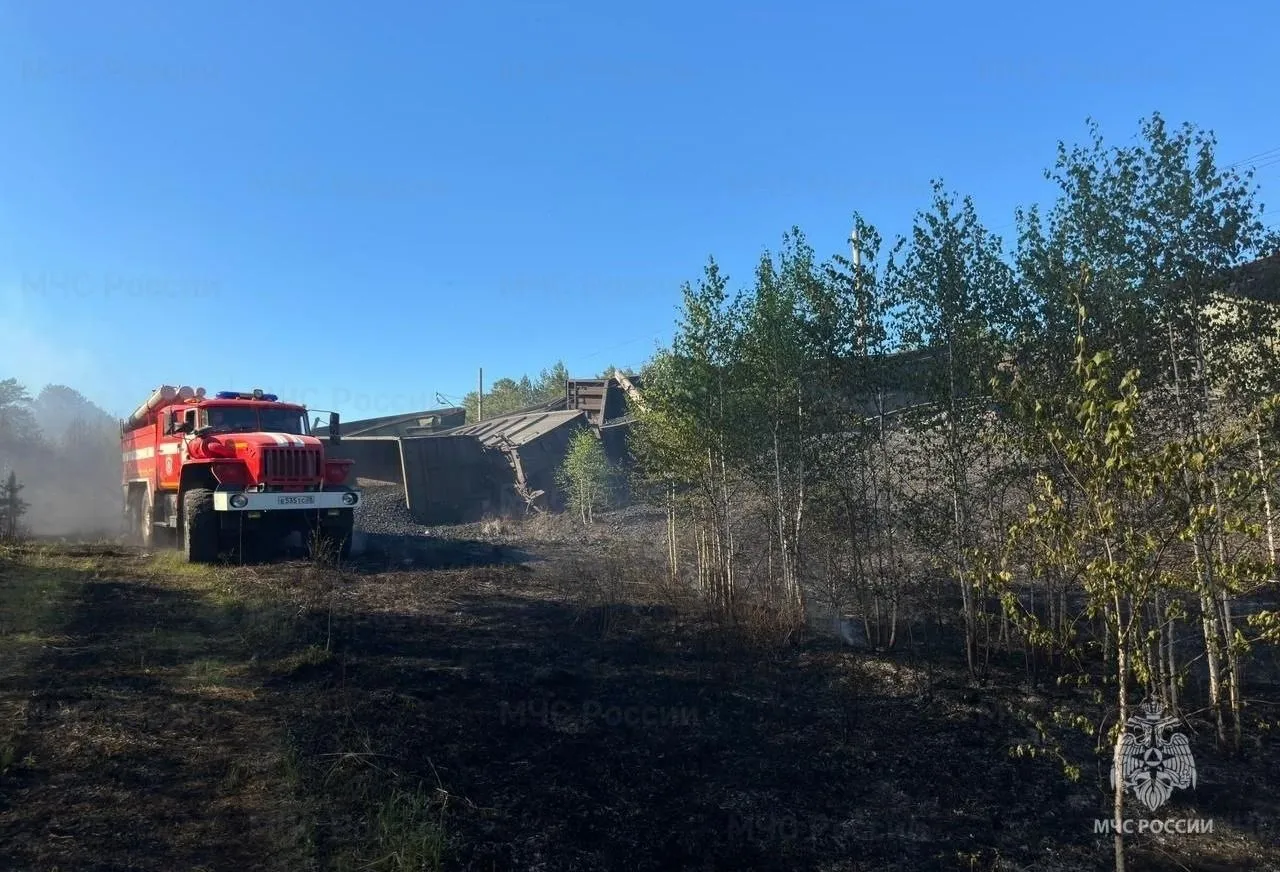 Пожар произошел в районе схода вагонов грузового поезда на Транссибе в Приамурье