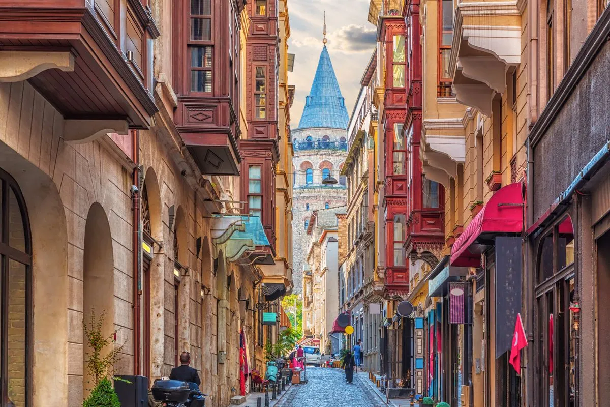 The walls of the narrow turkish street by the Galata Tower, Istanbul